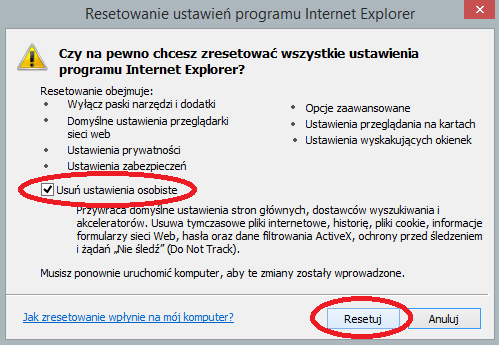 Opcje resetowania Internet Explorer