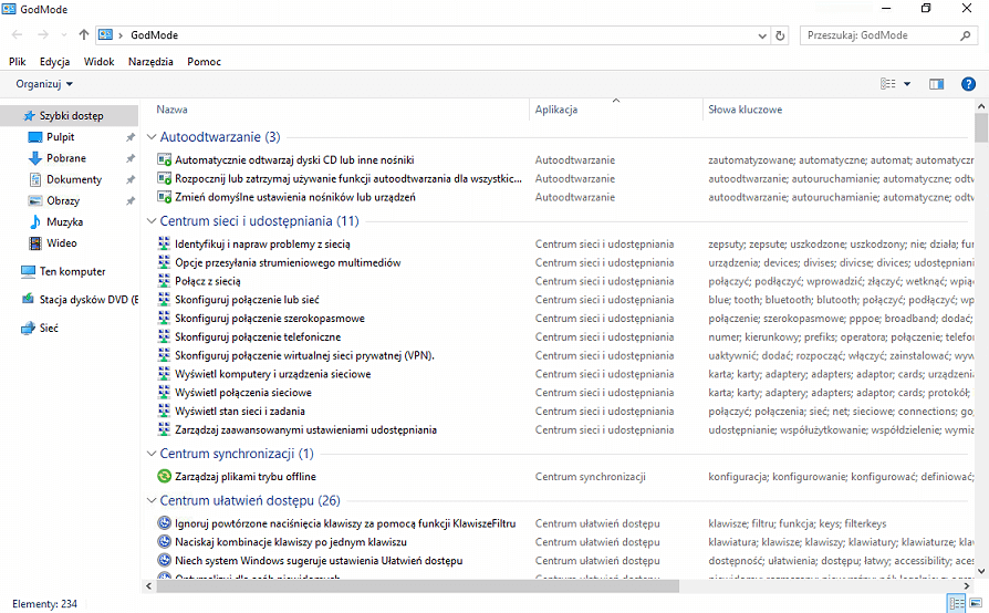 Folder GodMode Windows 10 - wszystko w jednym miejscu.