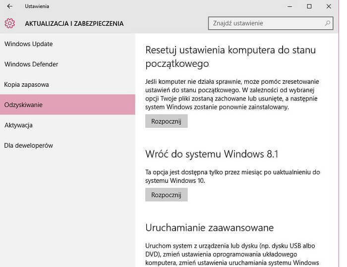 Cofnięcie instalacji Windows 10 i powrót do starego systemu