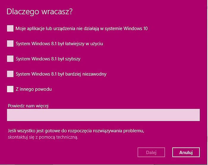 Cofnięcie instalacji Windows 10 i powrót do starego systemu