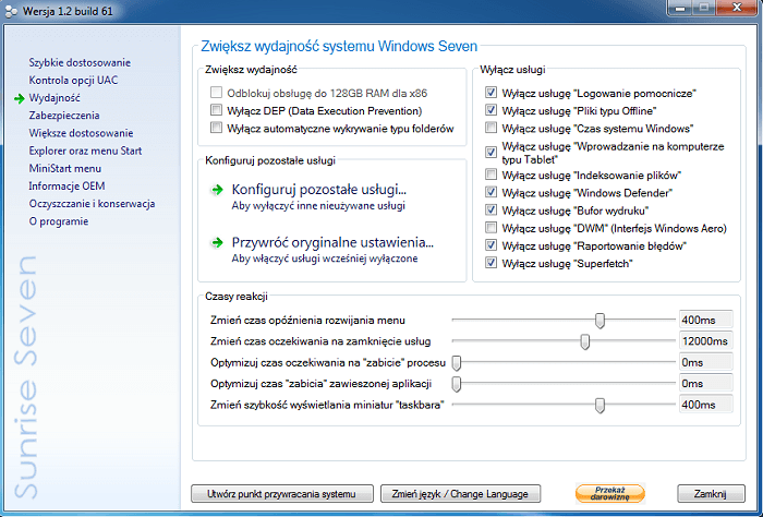 Sunrise Seven - optymalizacja Windows 7